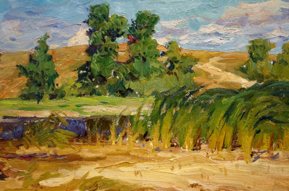 Oil painting by Kolosovsky Georgy Sergeevich: vibrant impressionist landscape with lush green trees, grass, river, and textured cloudy sky in thick impasto brushstrokes