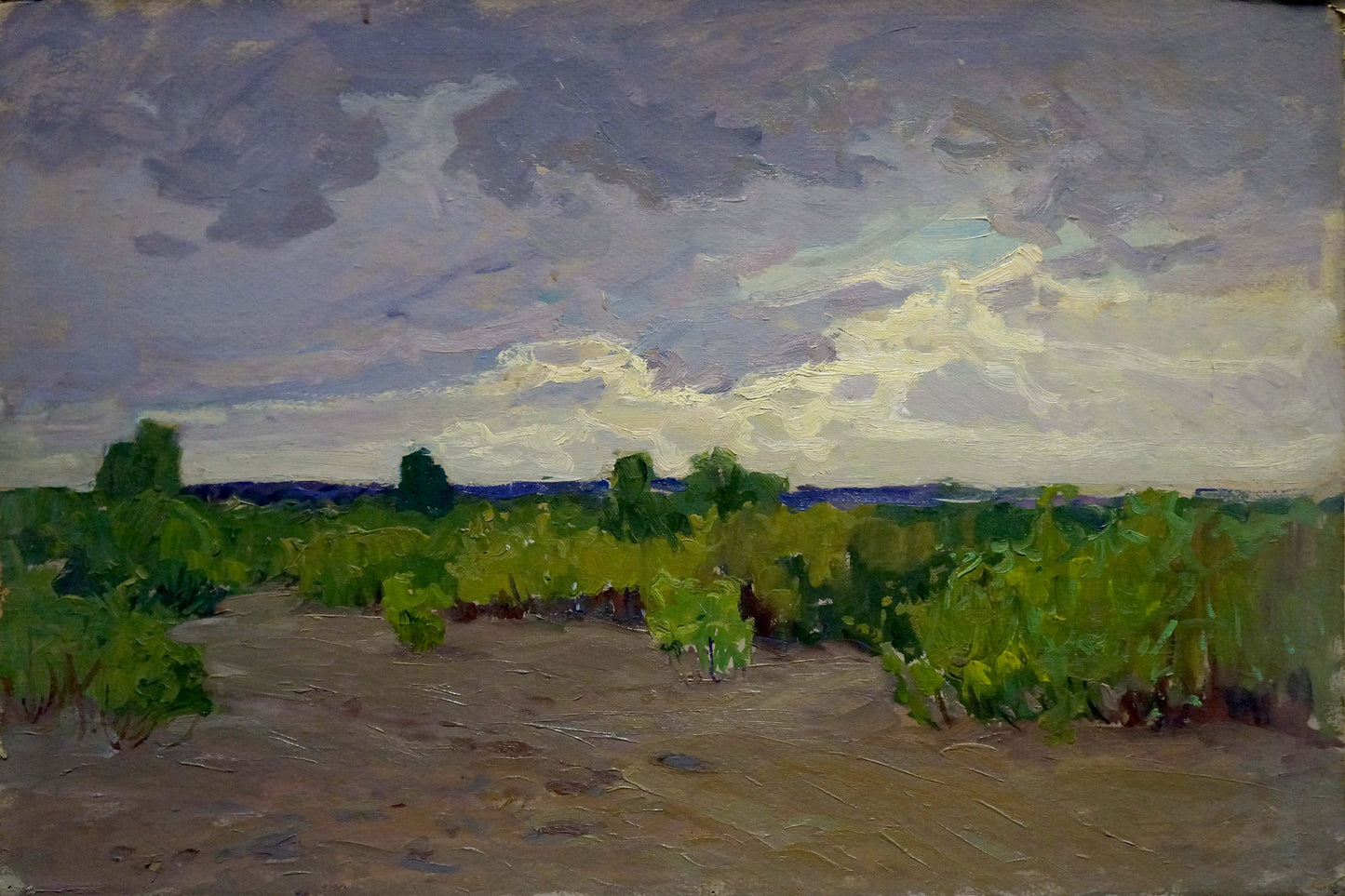 Oil painting Its starting to rain by Fomin Anatoly Nikiforovich, textured landscape with green bushes and trees under cloudy sky
