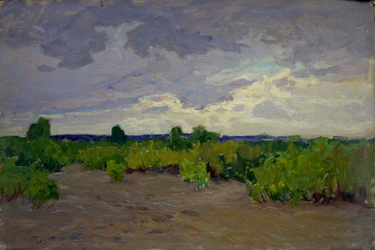 Oil painting Its starting to rain by Fomin Anatoly Nikiforovich, textured landscape with green bushes and trees under cloudy sky