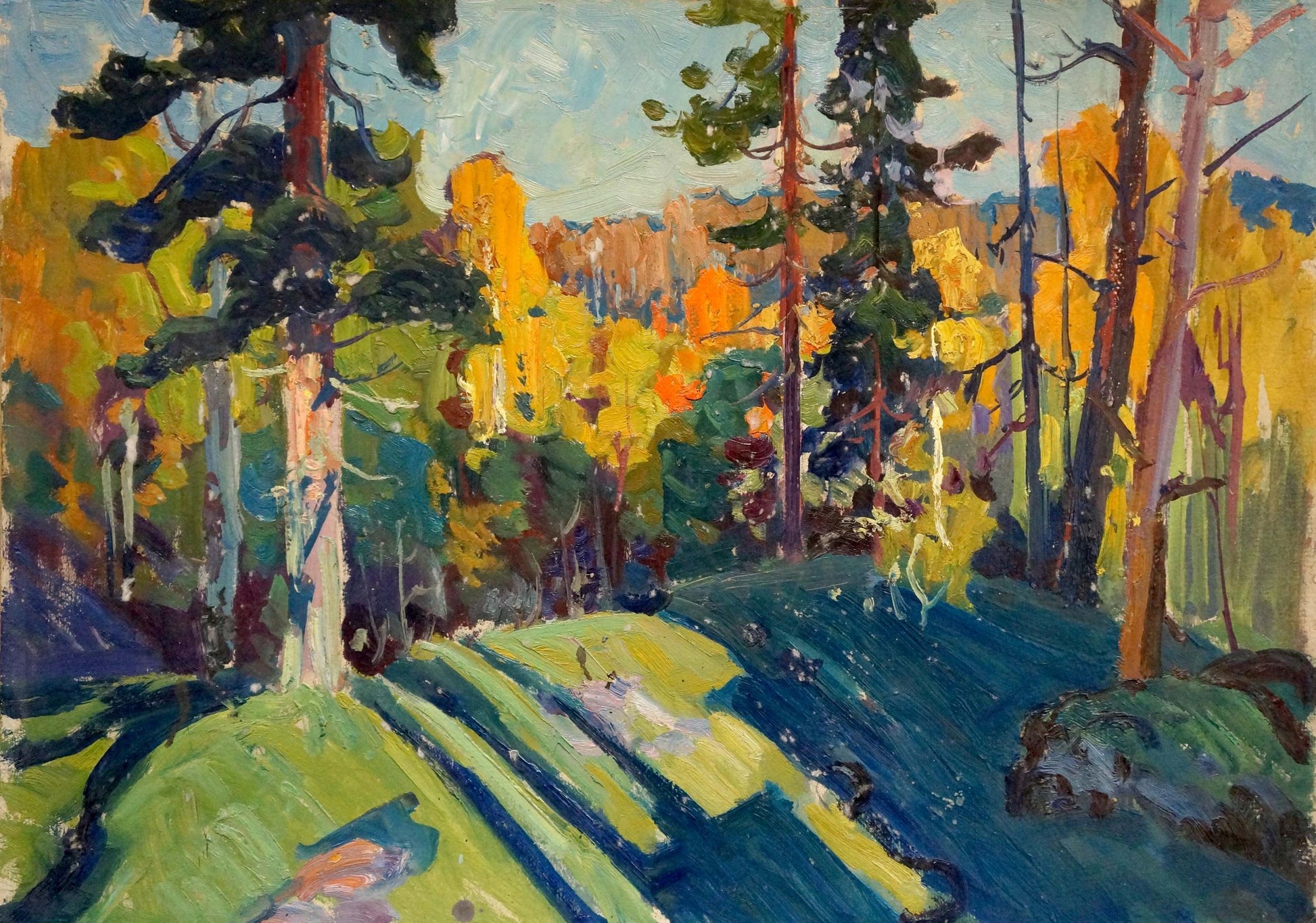 Oil painting Golden Autumn by Fomin Anatoly Nikiforovich, vibrant forest scene
