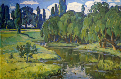 Oil painting of lush green willows by river by Gerus Boris Stepanovich