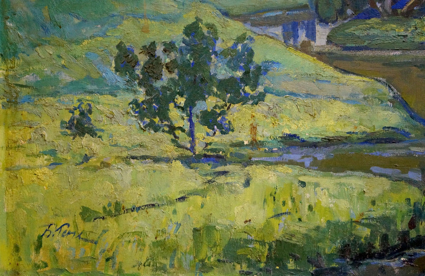 Vibrant impressionistic oil painting of solitary tree on sunlit hillside by Gerus Boris Stepanovich