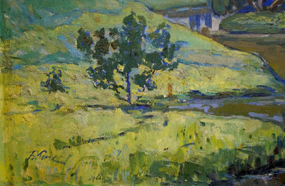 Vibrant impressionistic oil painting of solitary tree on sunlit hillside by Gerus Boris Stepanovich