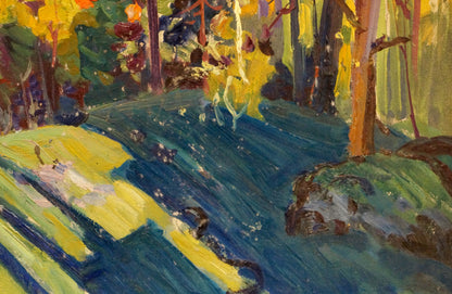 Vibrant impressionist oil painting of golden autumn forest stream by Fomin Anatoly Nikiforovich