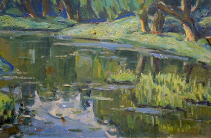 Textured impressionist oil painting of tranquil pond by Gerus Boris Stepanovich