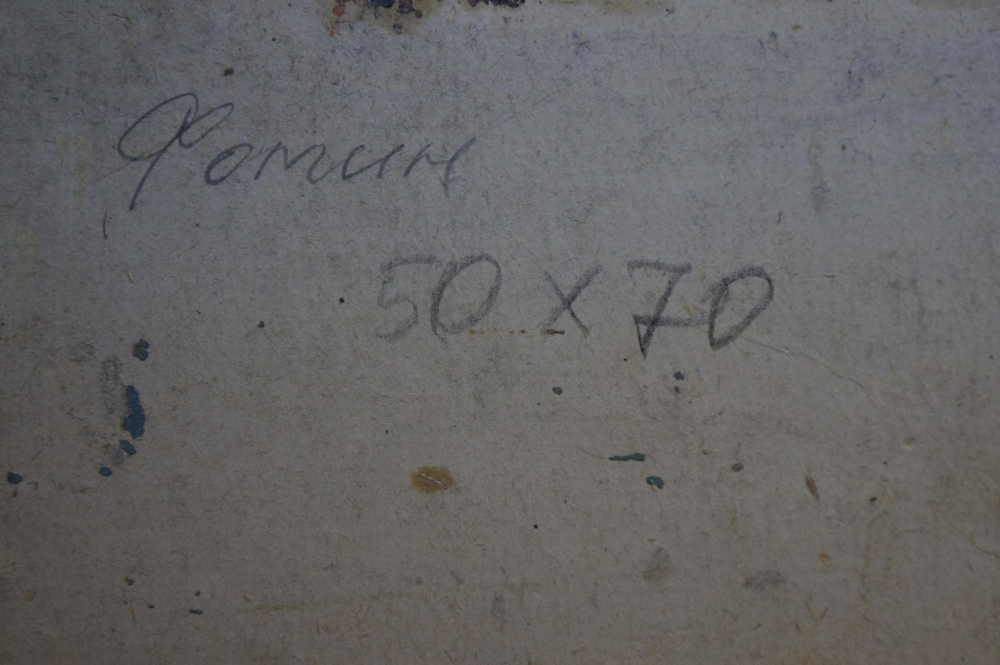 Back of Oil painting Golden autumn by Fomin Anatoly Nikiforovich: faded gray wall with Cyrillic script and stamped dimensions
