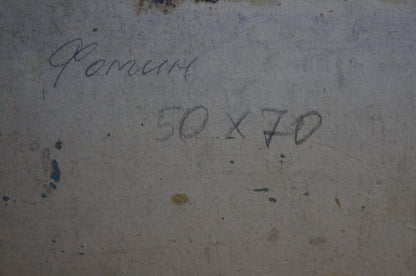 Back of Oil painting Golden autumn by Fomin Anatoly Nikiforovich: faded gray wall with Cyrillic script and stamped dimensions