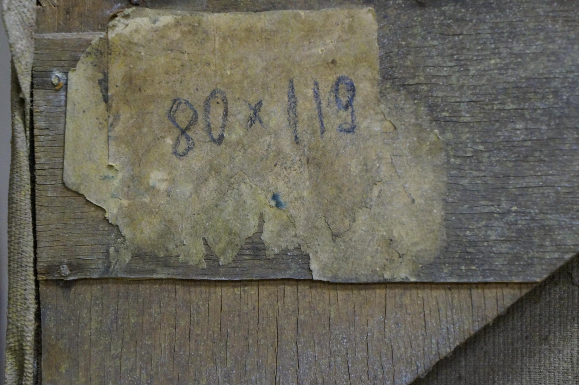 Back of Gerus Boris Stepanovich oil painting with faded 80x119 label on wood