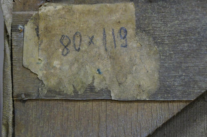 Back of Gerus Boris Stepanovich oil painting with faded 80x119 label on wood