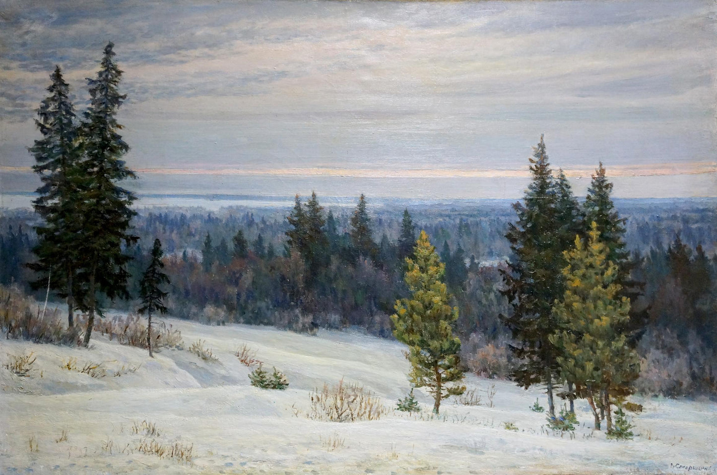 Serene snow-covered forest oil painting by Starshinov V. V