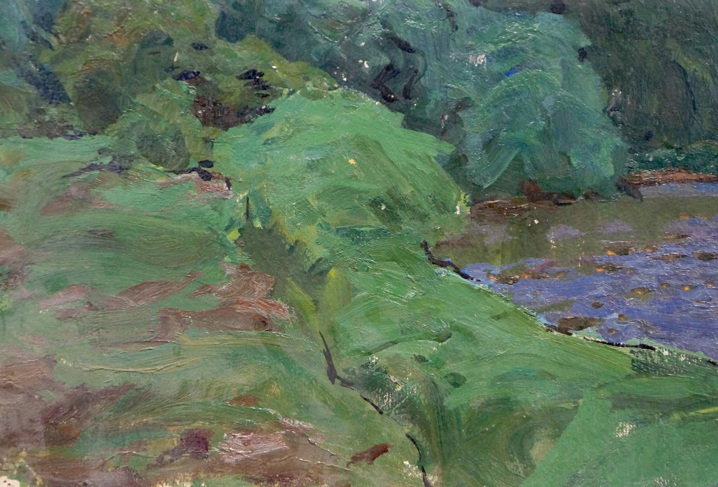 Oil painting Bad weather by Fomin Anatoly Nikiforovich, lush green foliage and purple waterway