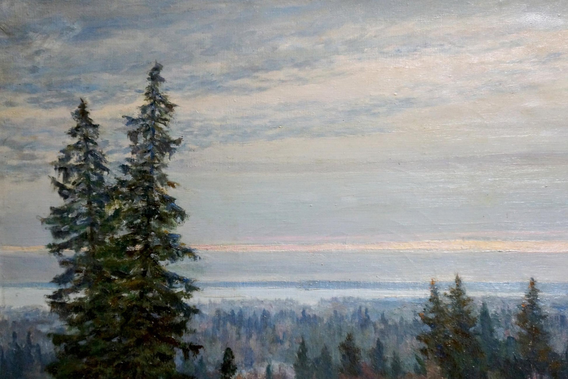 Serene misty forest oil painting by Starshinov V. V. with tall pines