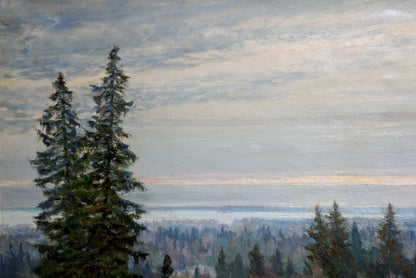 Serene misty forest oil painting by Starshinov V. V. with tall pines