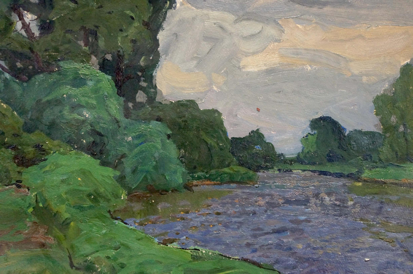 Serene impressionist oil painting by Fomin Anatoly Nikiforovich, river in lush foliage under cloudy sky