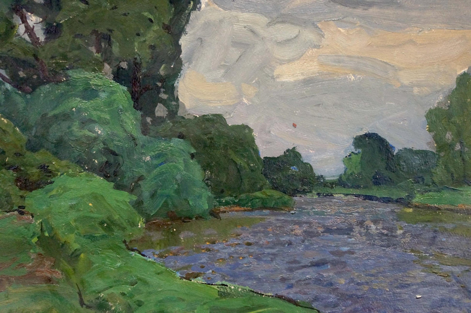 Serene impressionist oil painting by Fomin Anatoly Nikiforovich, river in lush foliage under cloudy sky