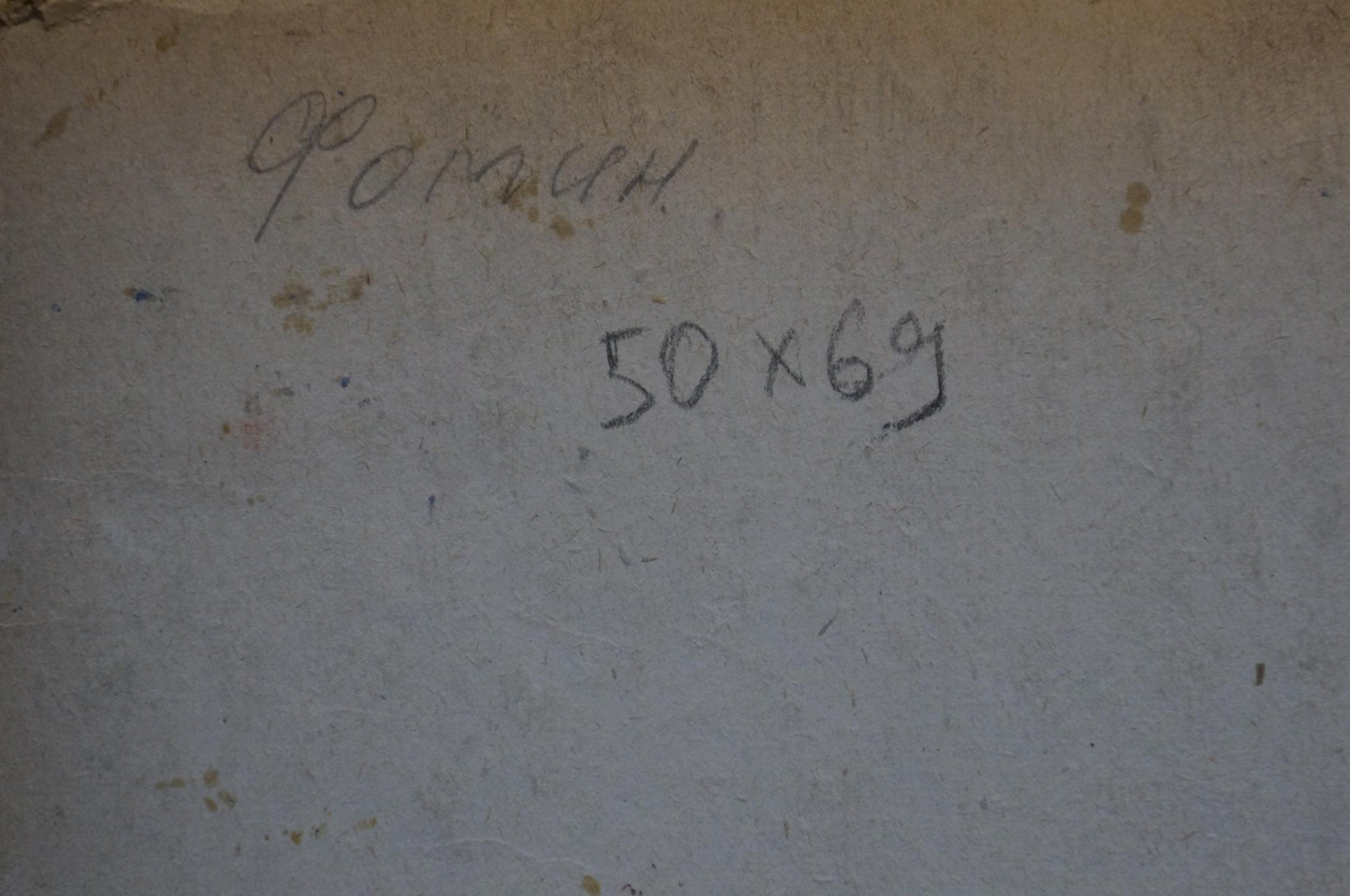 Back of oil painting Bad weather by Fomin Anatoly Nikiforovich with handwritten R. photo label 50x69 on textured paper