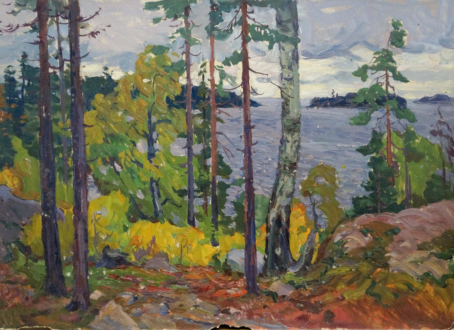 Oil painting Rainy day by the river by Anatoly Fomin, forested shoreline