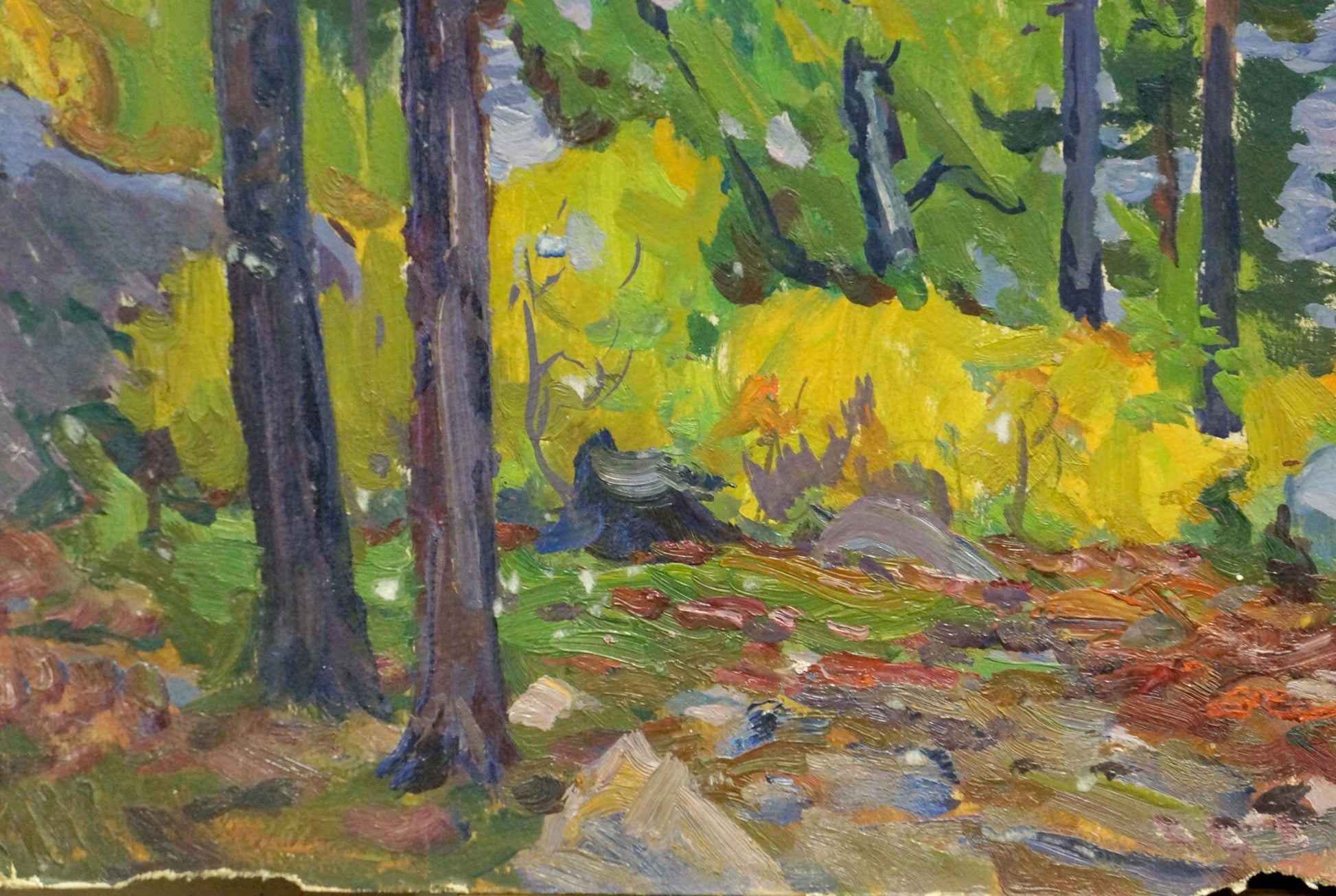 Oil painting Rainy day by the river by Anatoly Fomin, vibrant impressionist forest scene