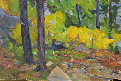 Oil painting Rainy day by the river by Anatoly Fomin, vibrant impressionist forest scene