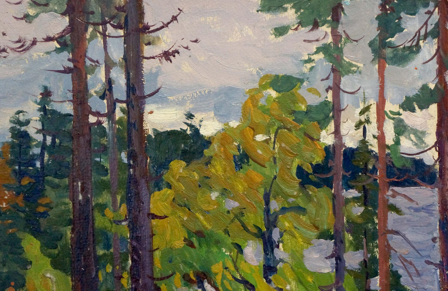 Oil painting Rainy day by the river by Anatoly Fomin with trees