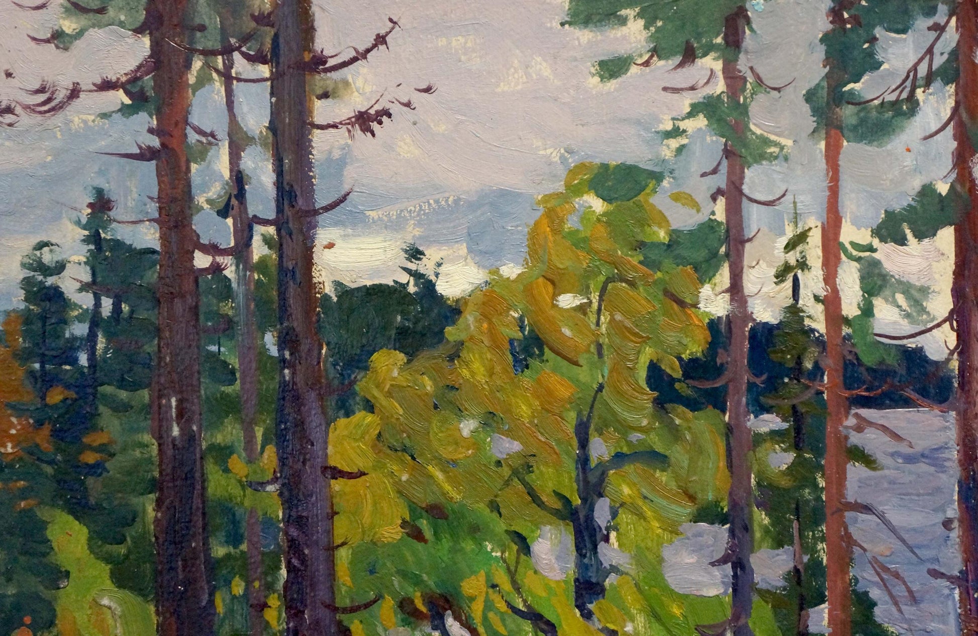 Oil painting Rainy day by the river by Anatoly Fomin with trees