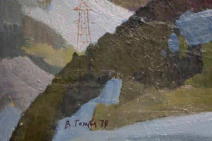Oil painting of red power line tower and mountains by Golubev Vasily Ivanovich