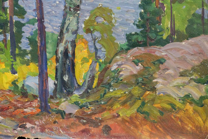 Oil painting Rainy day by the river by Anatoly Fomin, vibrant trees and rocks