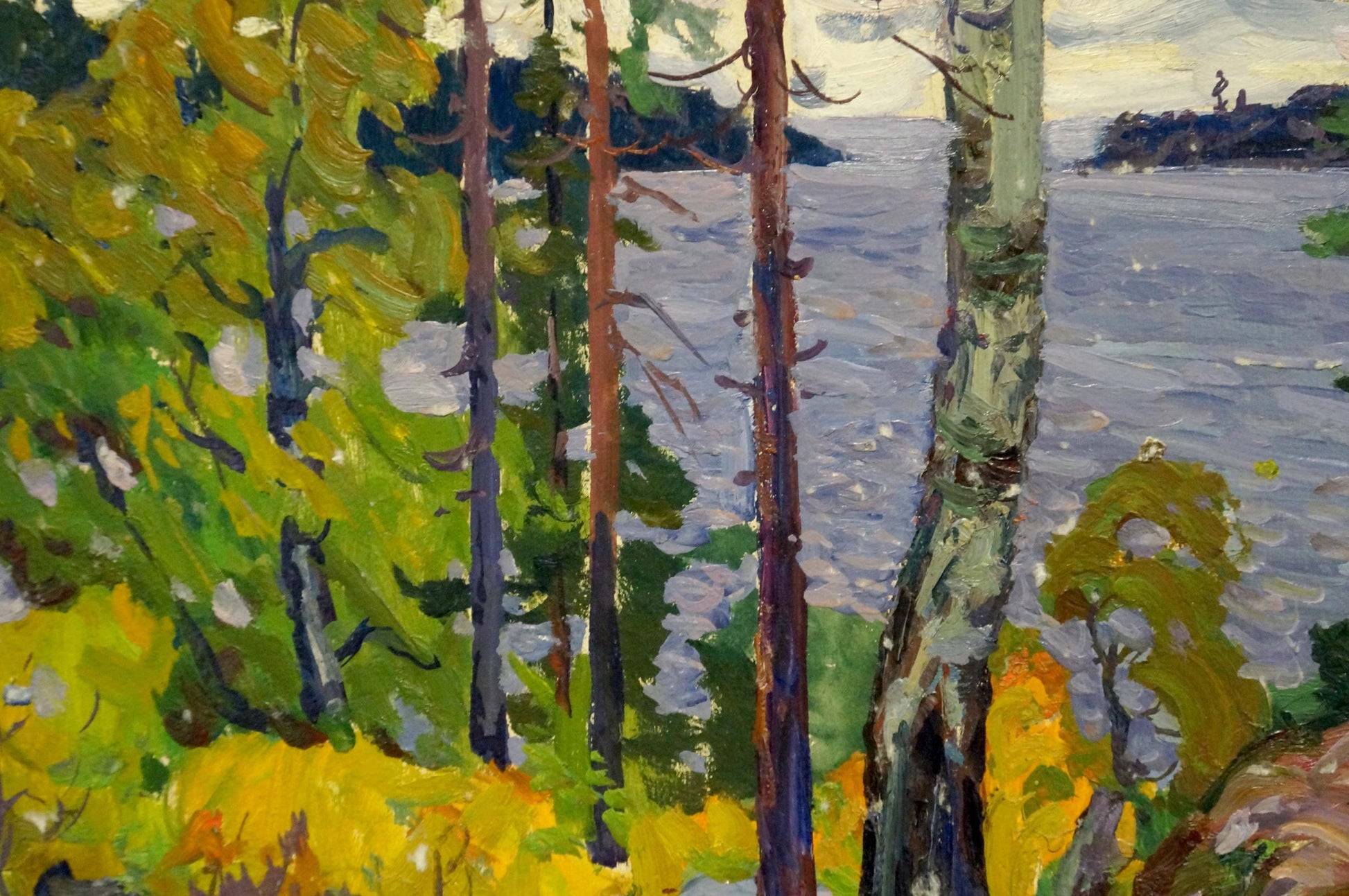 Vibrant impressionist oil painting of birch trees by serene lake by Anatoly Fomin