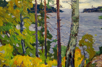 Vibrant impressionist oil painting of birch trees by serene lake by Anatoly Fomin