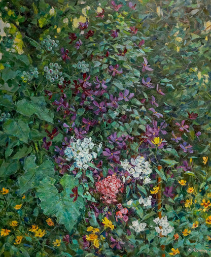 Vibrant impressionistic oil painting of lush garden foliage and blooms by Kompaniyets-Kiyanchenko Nadezhda Dmitriyevna