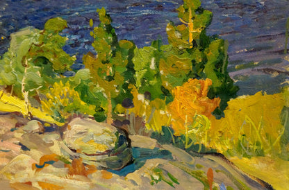 Oil painting Lake Fomin by Anatoly Nikiforovich: vibrant green foliage on blue water