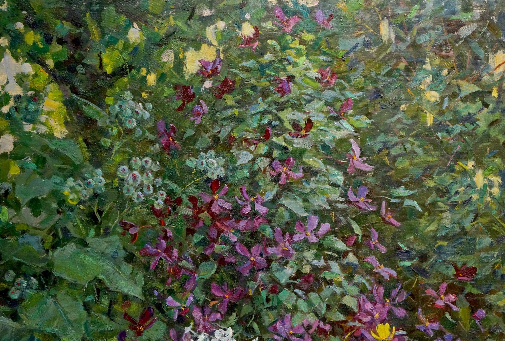 Vibrant oil painting of lush garden with purple pink flowers by Kompaniyets-Kiyanchenko Nadezhda Dmitriyevna