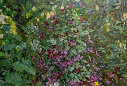 Vibrant oil painting of lush garden with purple pink flowers by Kompaniyets-Kiyanchenko Nadezhda Dmitriyevna