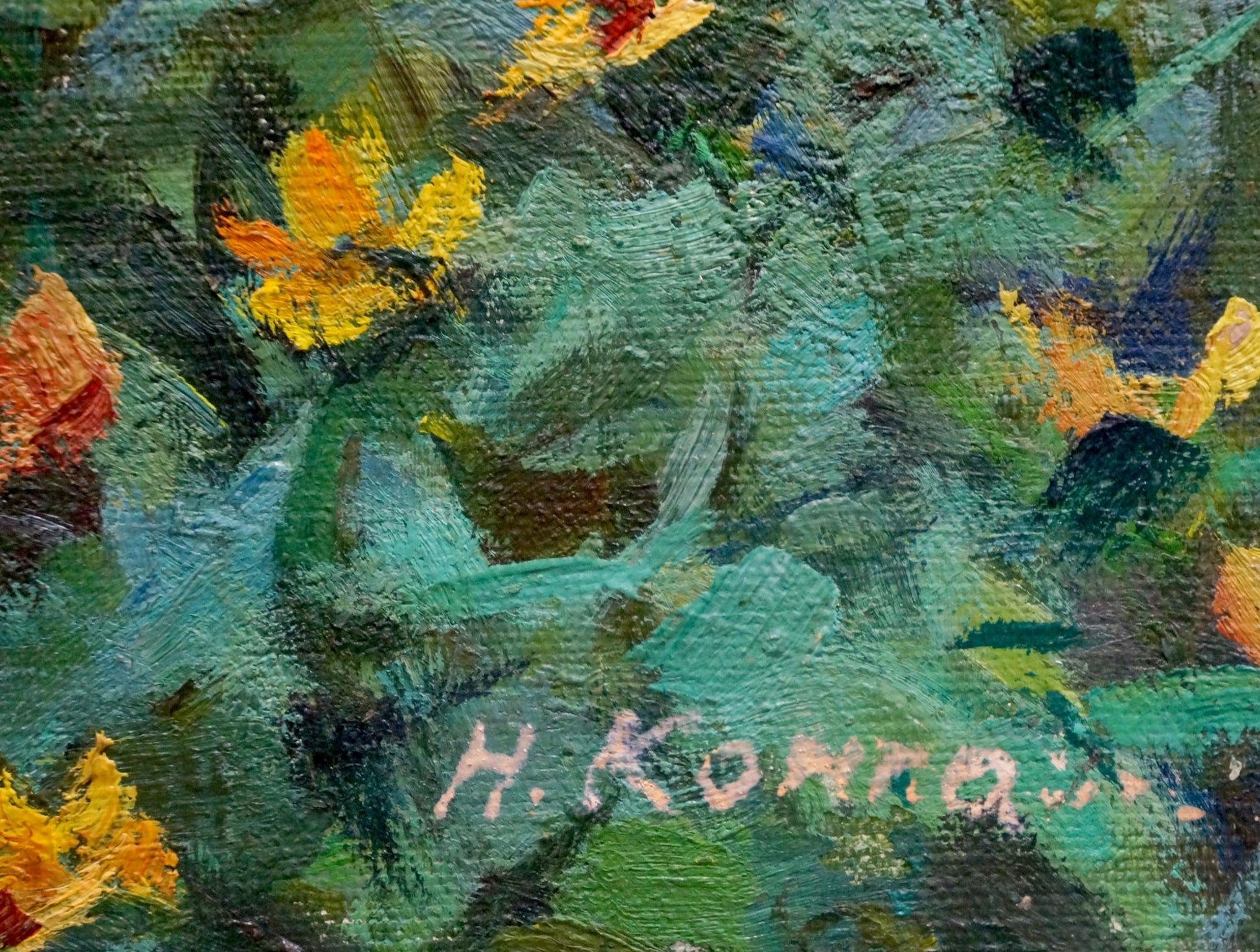 Oil painting of yellow orange flowers on green by Kompaniyets-Kiyanchenko Nadezhda Dmitriyevna