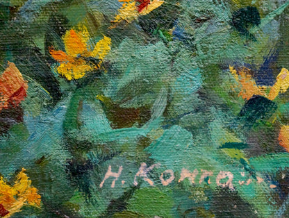 Oil painting of yellow orange flowers on green by Kompaniyets-Kiyanchenko Nadezhda Dmitriyevna