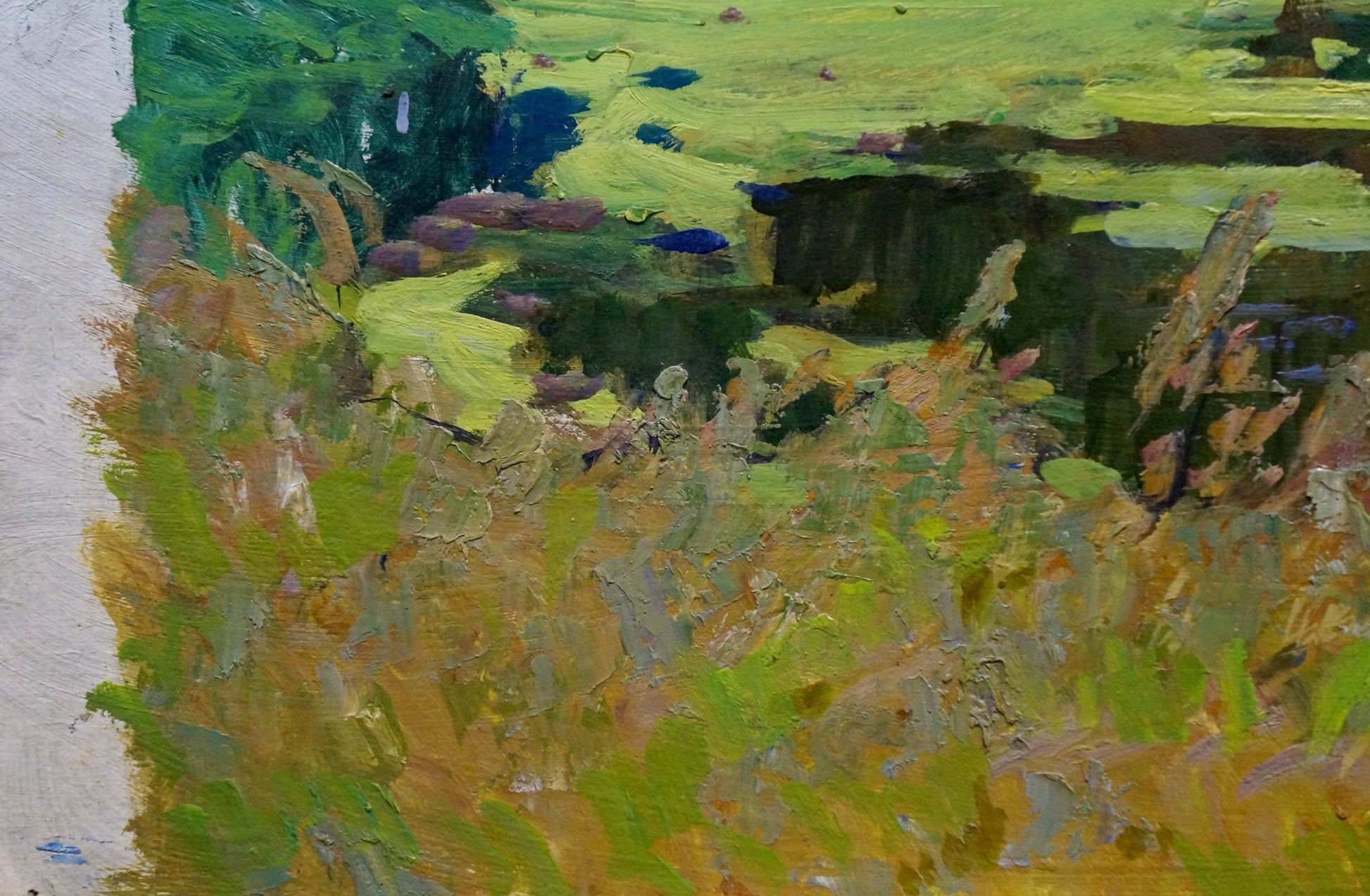 Impasto oil painting of swampy green field by Anatoly Fomin
