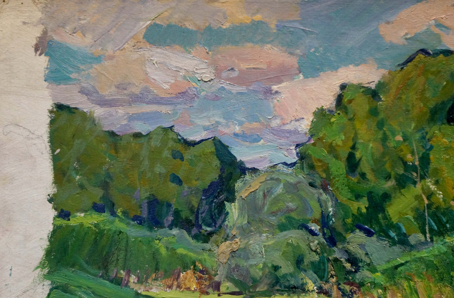Oil painting Swampy area by Anatoly Fomin: lush green trees under vibrant sky