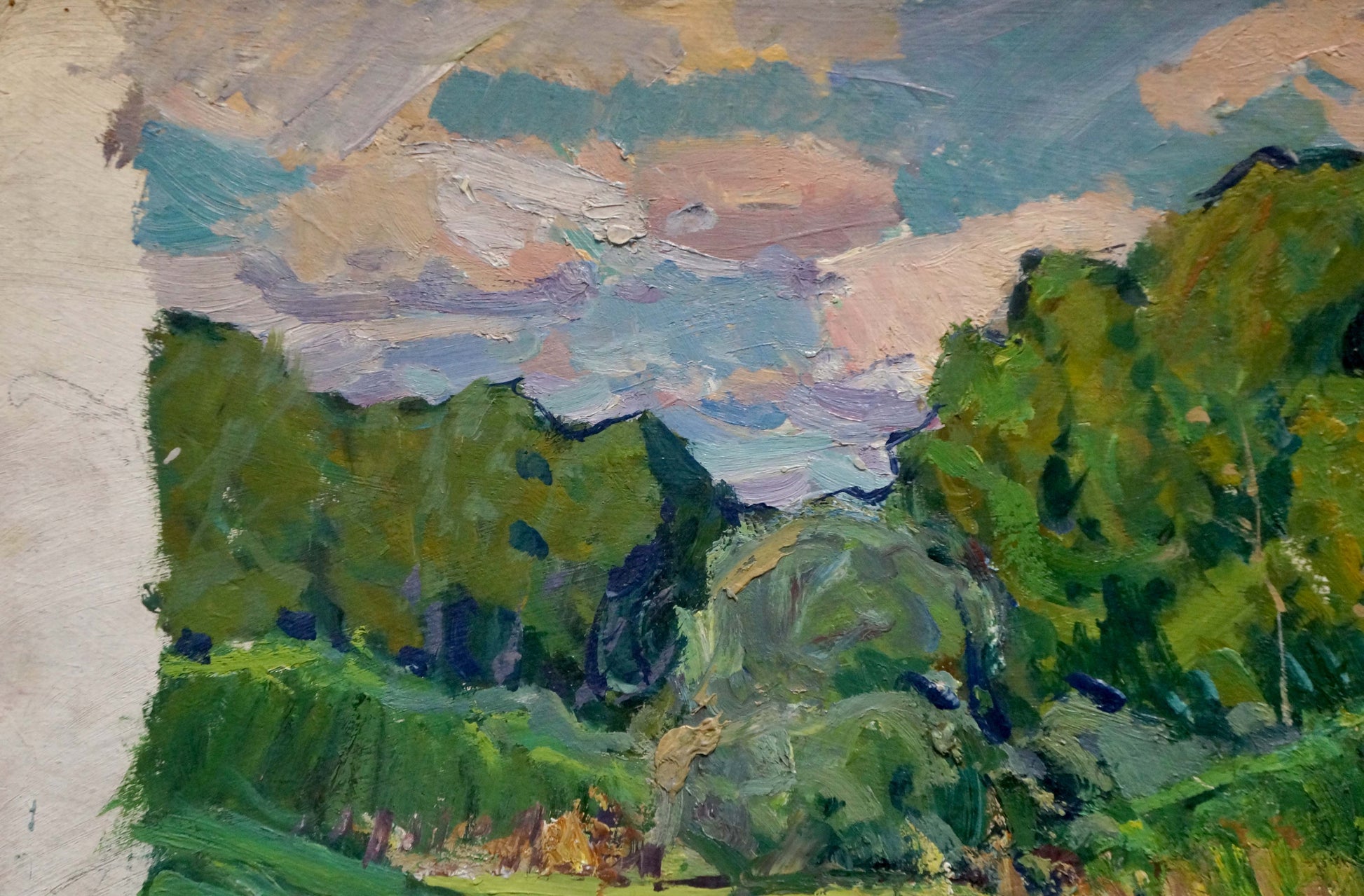 Oil painting Swampy area by Anatoly Fomin: lush green trees under vibrant sky