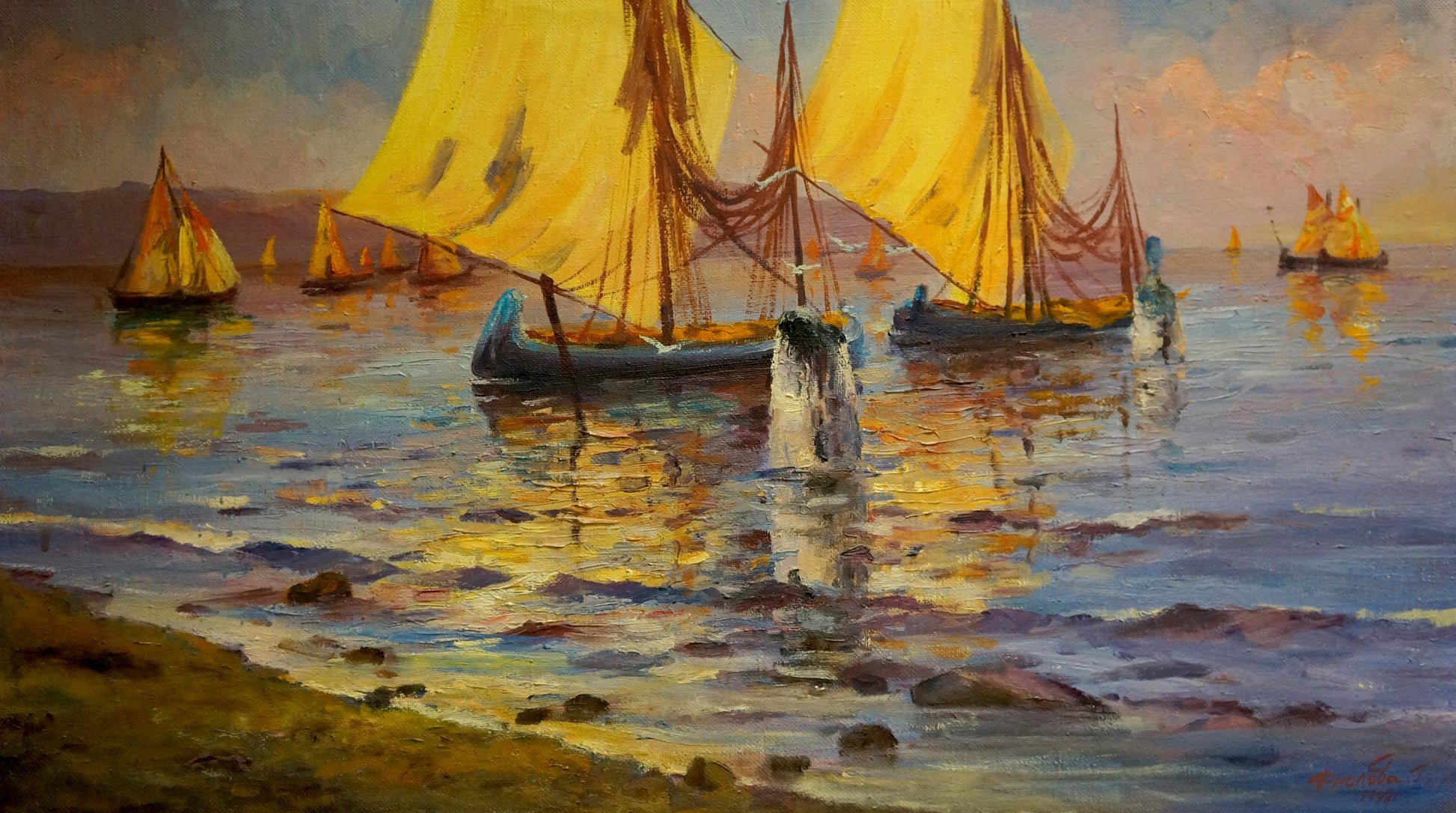 Oil painting of sailboats with yellow sails by Frolova T on sunlit sea
