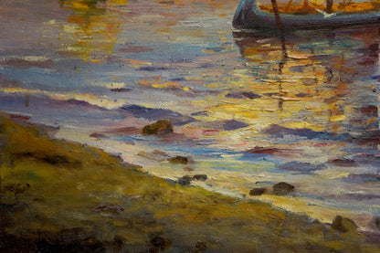Oil painting of Frolova T ship sailing with sunset-reflecting canoe