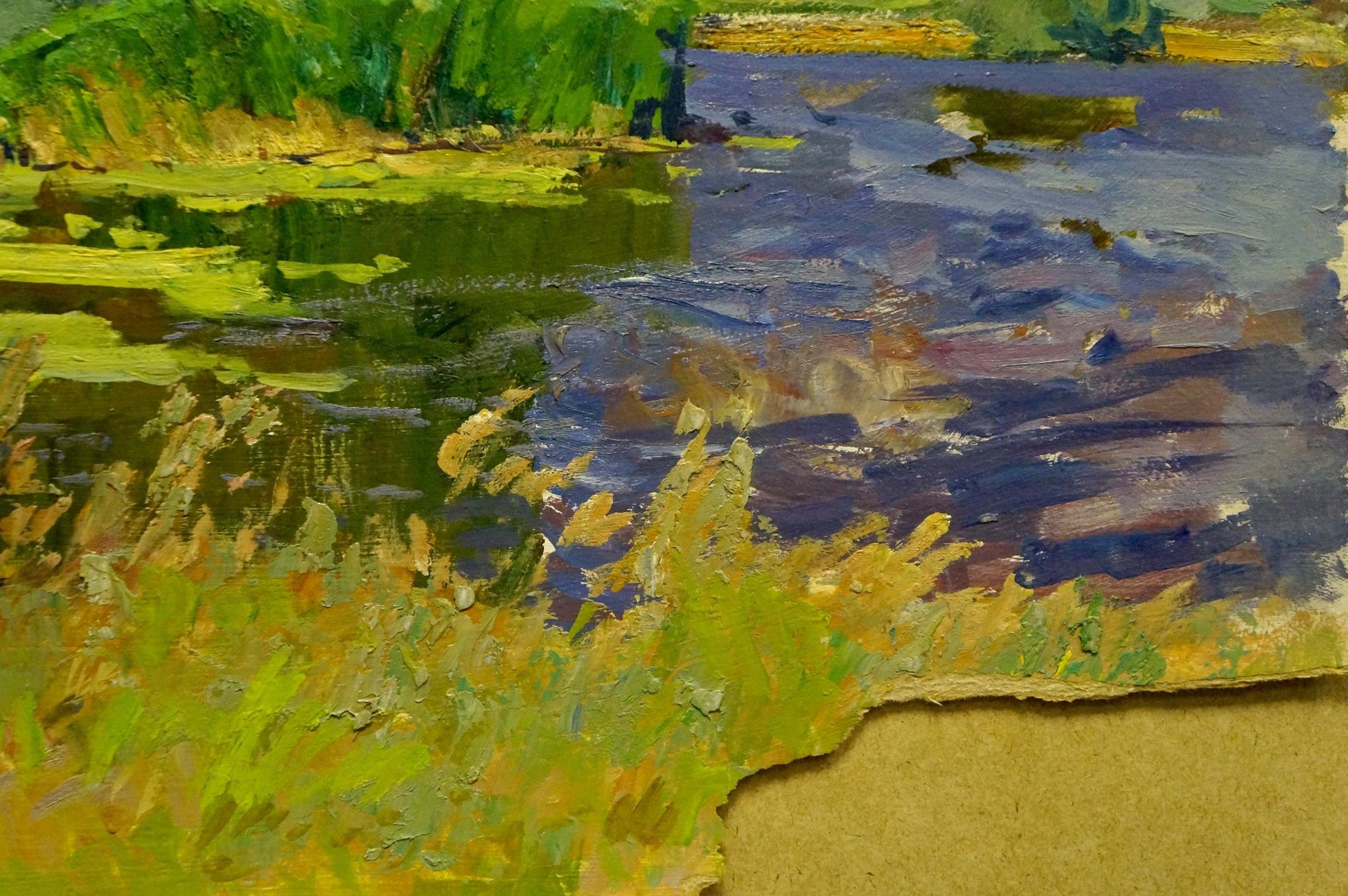 Vibrant impressionist oil painting of swampy riverbank by Anatoly Fomin