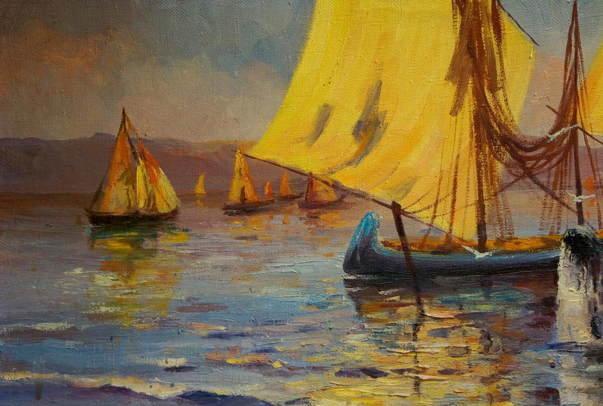 Vibrant yellow sailboat with blue hull by Frolova T oil painting at sunset