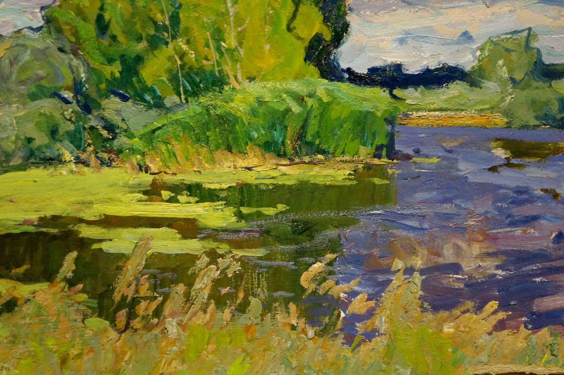 Vibrant impressionist oil painting of swampy riverbank by Anatoly Fomin