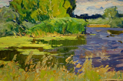Vibrant impressionist oil painting of swampy riverbank by Anatoly Fomin