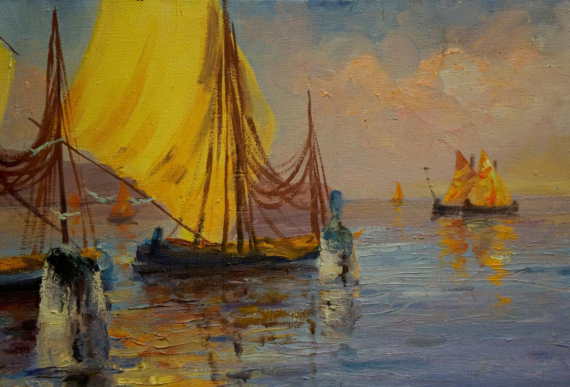 Oil painting by Frolova T. of yellow sailboat on reflective sea