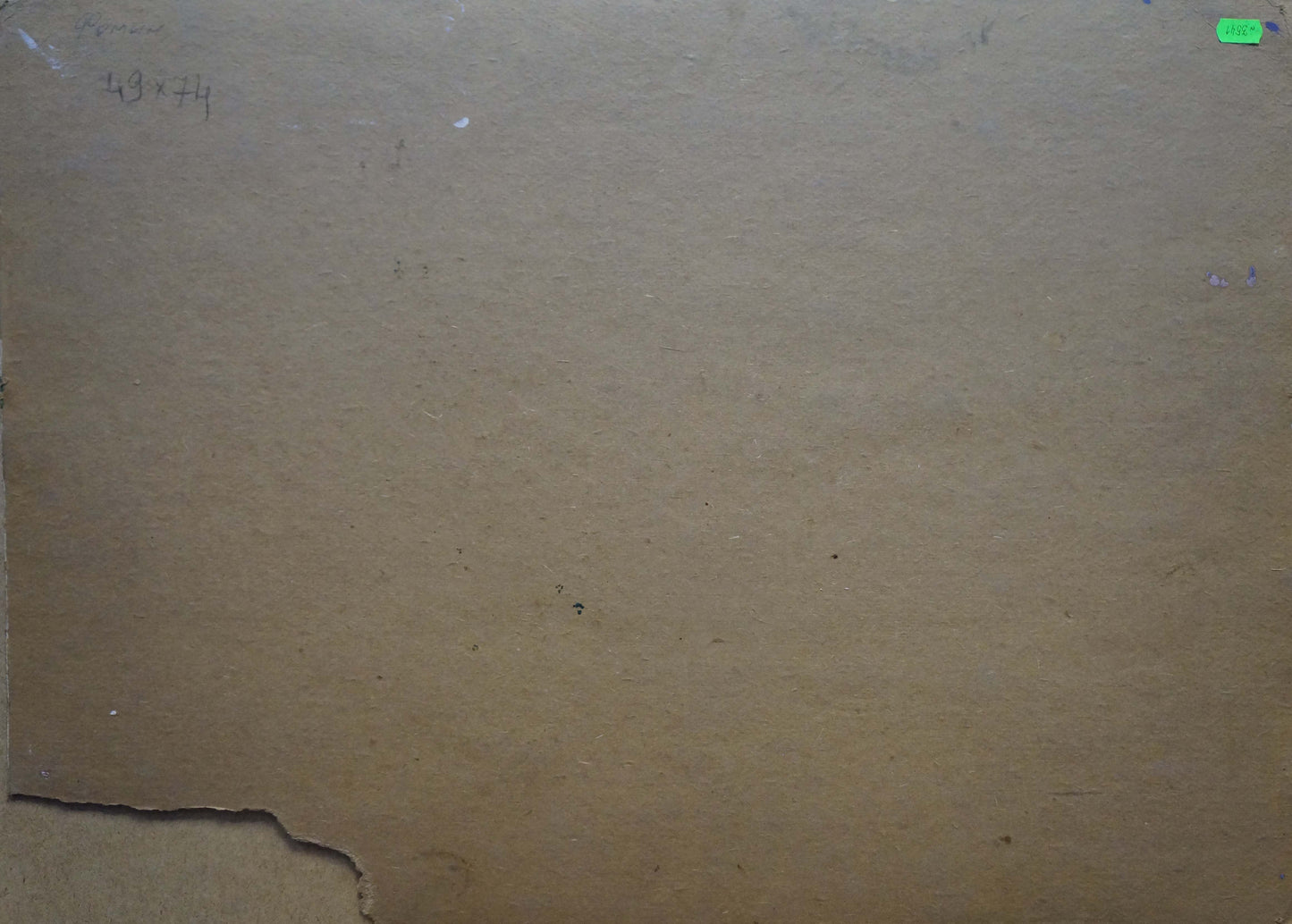 Worn beige cardboard back of Oil painting Swampy area Anatoly Fomin