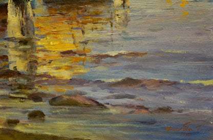 Serene oil painting of ship sailing by Frolova T with golden water reflections