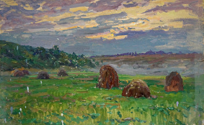 Rustic oil painting by Fomin Anatoly Nikiforovich of hay bales under dramatic sunset sky