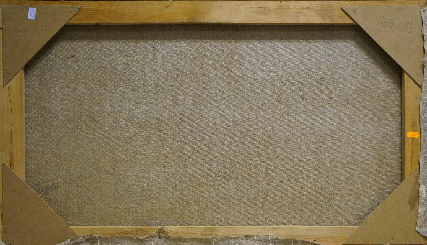 Back of Frolova T. Ship sailing oil painting on beige linen over wood frame