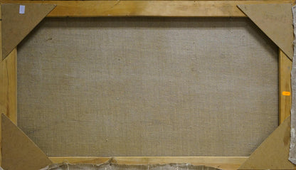 Back of Frolova T. Ship sailing oil painting on beige linen over wood frame